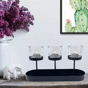Triple Tealight Candle Holder – Iron & Glass, 3-Tealight Capacity, Elegant Indoor Decor, 11" x 3.55" x 5.9"