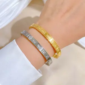 Roman Numeral Bracelet, Classic Engraved Stainless Steel Bangle, Unisex Elegant Minimalist Stackable Jewelry in Gold or Silver, Elegant Minimalist Bangle