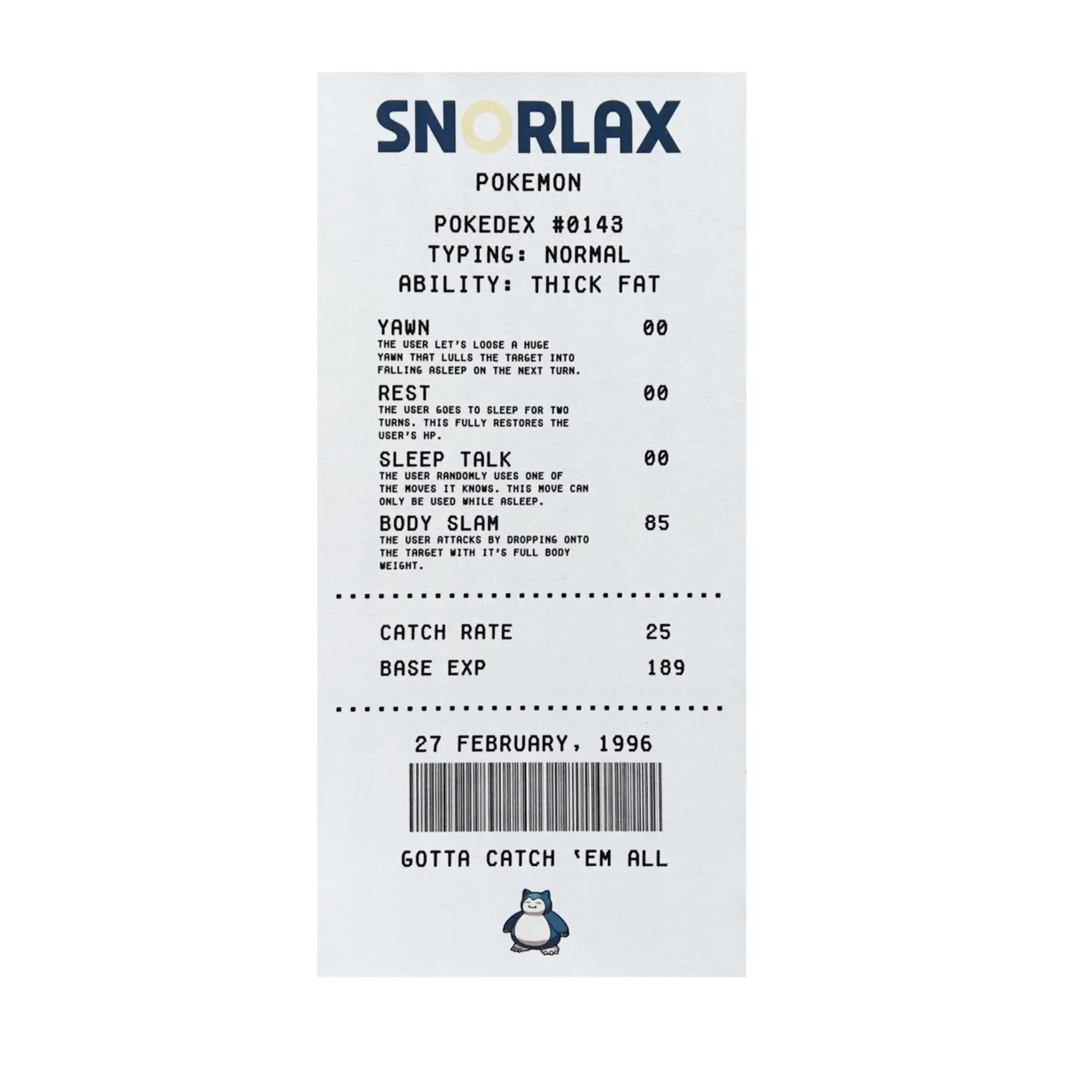 Snorlax Pokèmon Receipt Rug