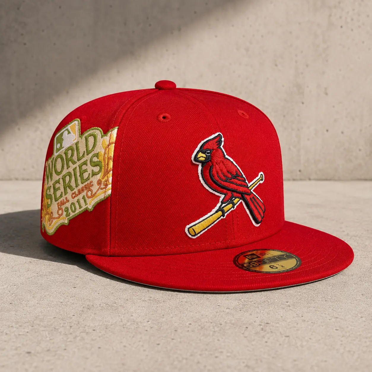 St. Louis Red Fitted Baseball Cap – Cardinal Embroidered 2011 World Series Patch Flat Brim Hat