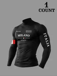 Men's High Neck Long Sleeve Slim Fit Warm Top, Casual Letter Pattern, Moderate Fabric Thickness, Summer Wear, H Type Silhouette, Thermal