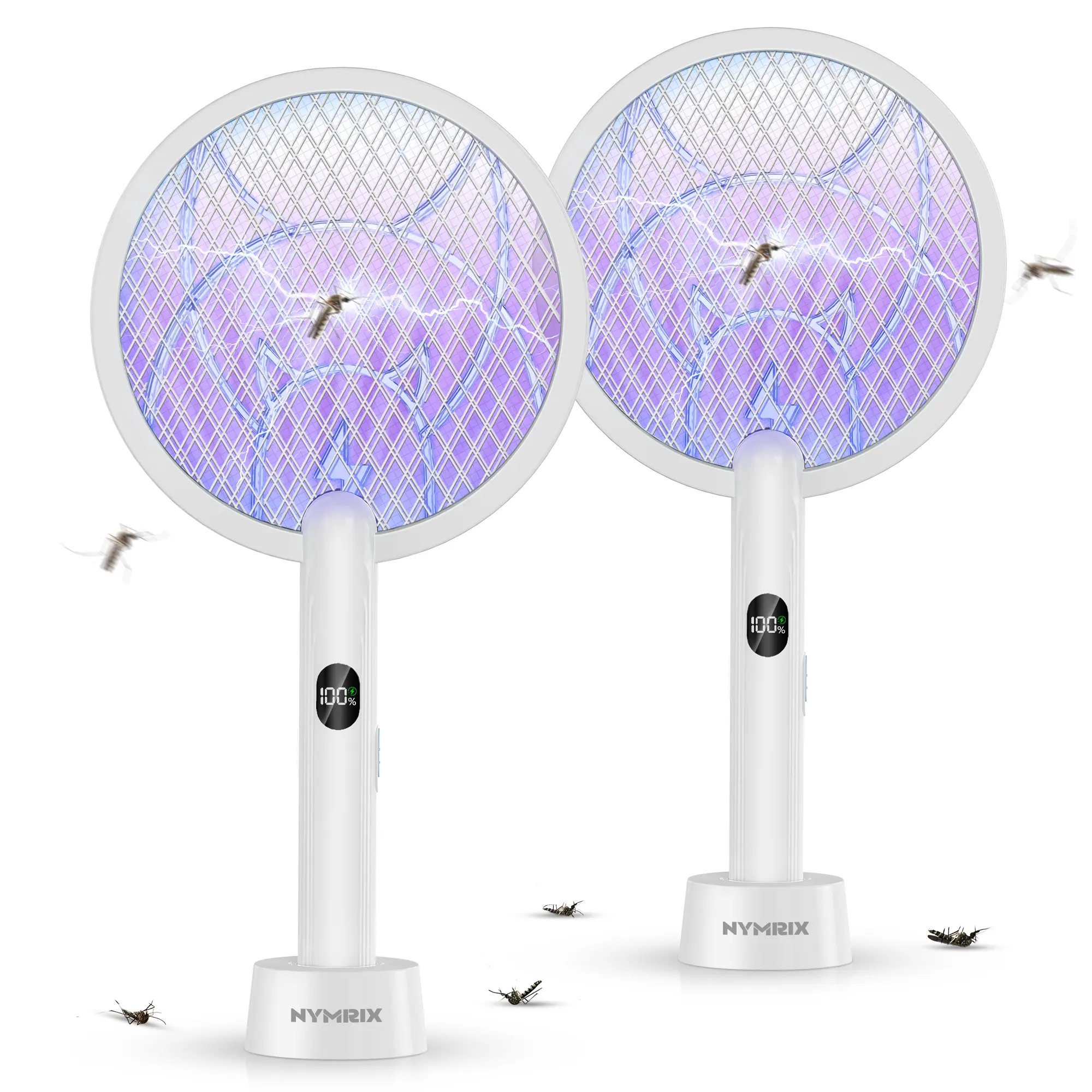 Household Electronic Mosquito Zapper Lamp 2-Pack, 4100V Insect Killer, 1800mAh Rechargeable Battery, Purple Light, 3-Layer Safety Nets, Grey Home Appliance