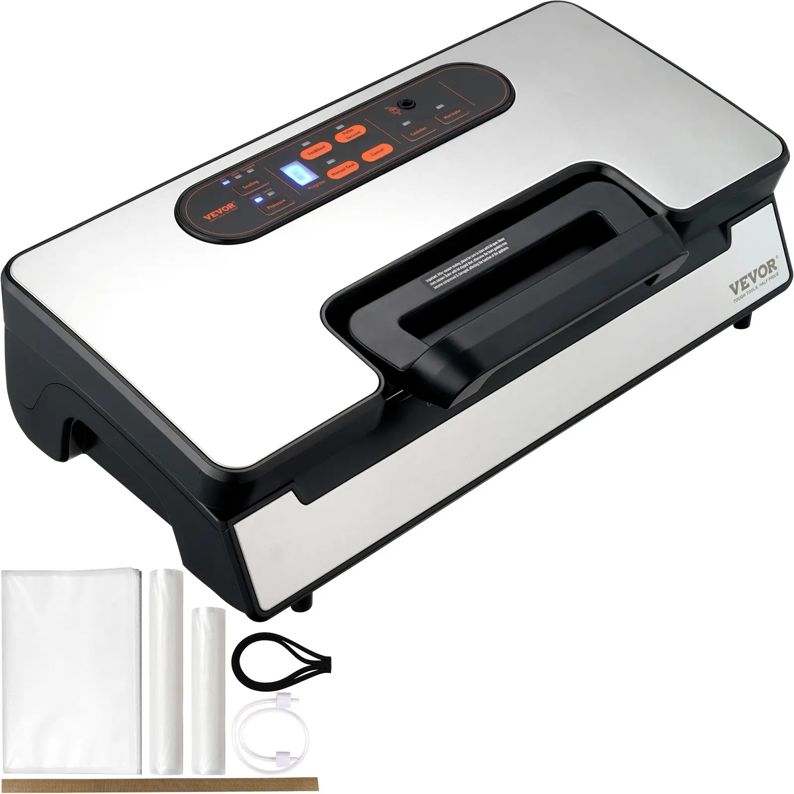 Stainless Steel Kitchen Vacuum Sealer Machine, 110V 90Kpa 130W Dual Pump & Dual Sealing, Dry/Moist Food Storage, Auto/Manual Air Sealing, Built-in Cutter, Seal Strip, US Plug, External Hose, Easy-Lock Handle, 1-Handed Operation, Fast Heat Dissipation, Con