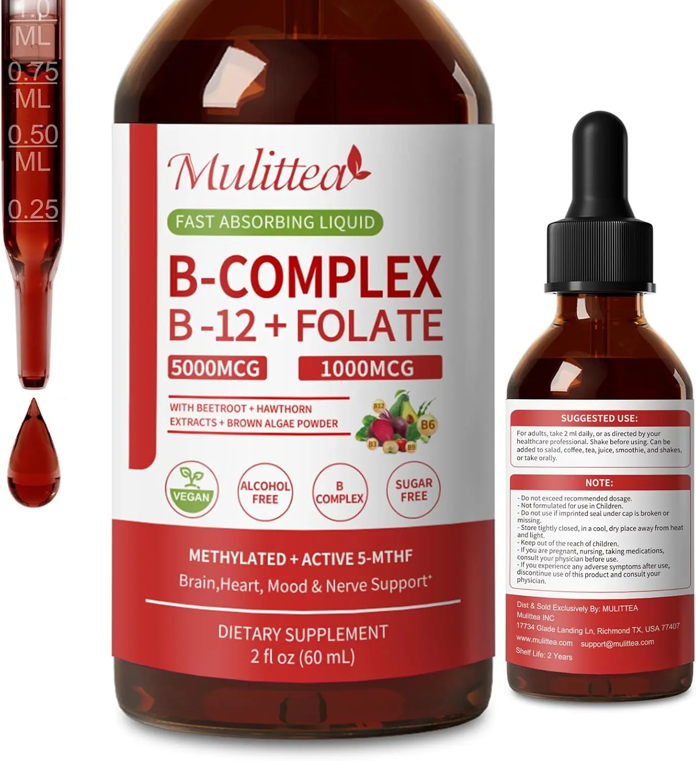 Methylated B Complex, 5000 mcg Methylcobalamin B12 & 5-MTHF Folate 1000 mcg | Vitamin B Complex Liquid Drops with B3, B6, Beetroot, Hawthorn - Energy, Focus, Heart & Brain, Sugar-Free, 2 Fl Oz