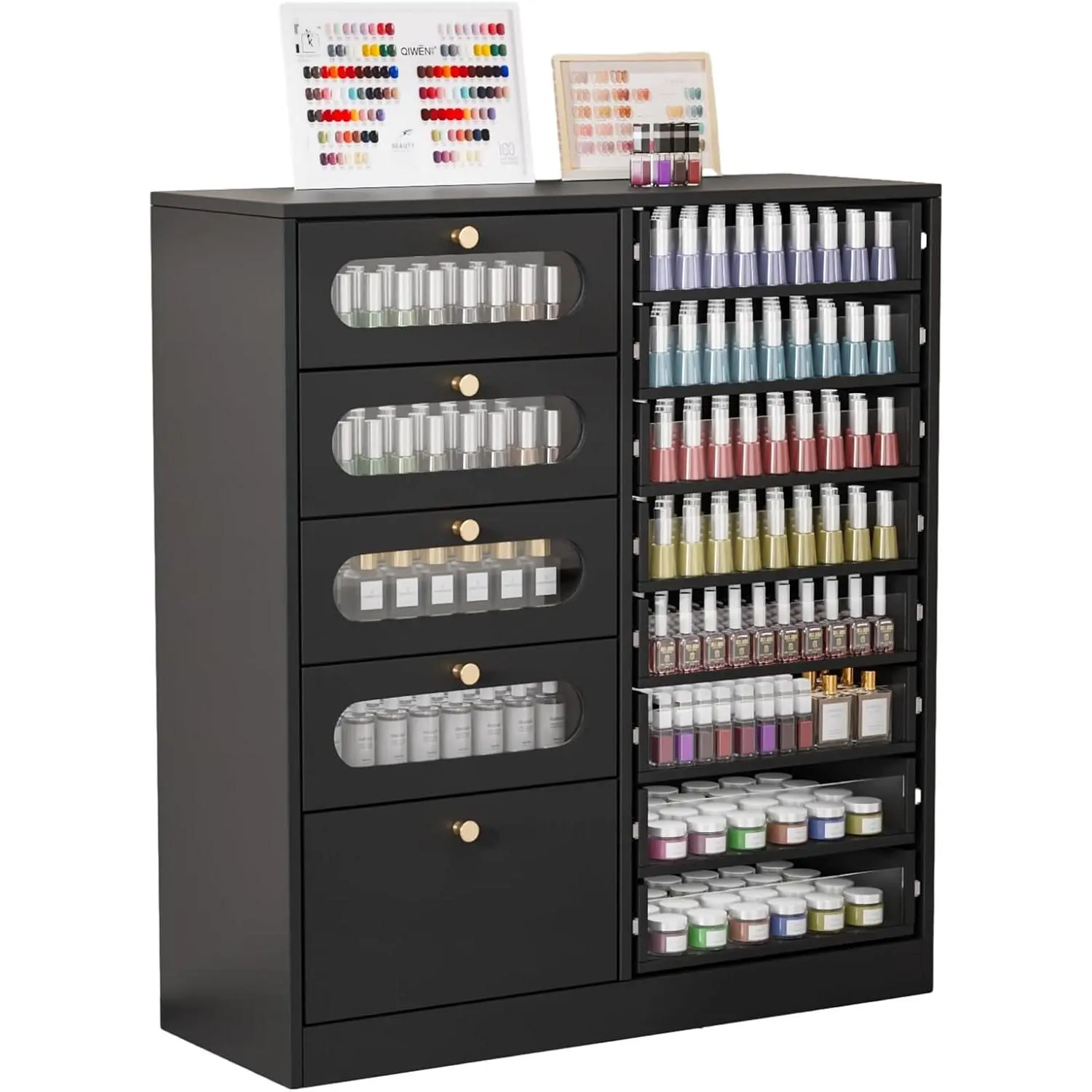 OmySalon Nail Salon Organizer Cabinet, Floor Storage with 8 Clear & 4 Visual Drawers, Wooden Display for Polish & Powder, Beauty Salon Furniture