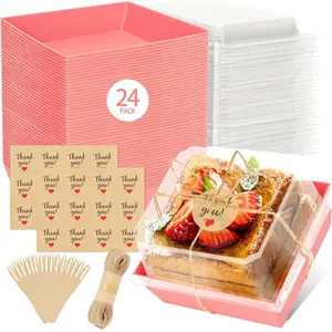 24 Pack Small Charcuterie Boxes with Clear Lids, Paper Mini To Go Charcuterie Box, Disposable Food Container with Lid, Dessert Boxes for Sandwich, Cookie, Sushi, Cake Slice and Strawberries, Pink