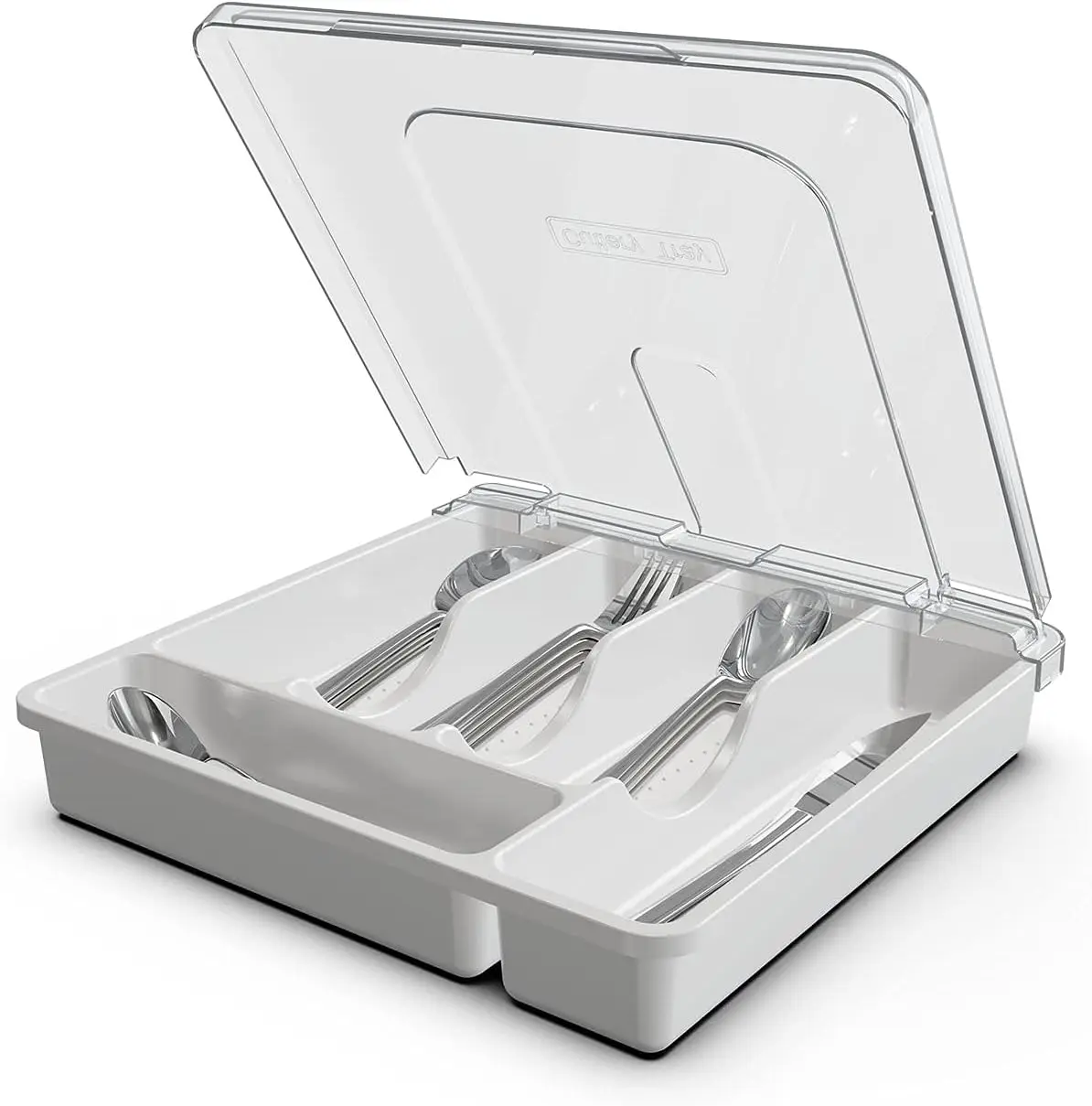 Silverware Organizer with Cover, Portable Cutlery Holder Flatware Tray with Lid Plastic Silverware Storage Box Airtight Black Cutlery Tray with Lid (White)