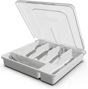 Silverware Organizer with Cover, Portable Cutlery Holder Flatware Tray with Lid Plastic Silverware Storage Box Airtight Black Cutlery Tray with Lid (White)