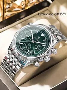 Business Fashion Round Dial Analog Quartz Watches for Men, Trendy Multifunctional Luminous Fashionable Watch, Waterproof Luminous Date Chronograph Watch, Stainless Steel Watch for Men Gifts, with Box