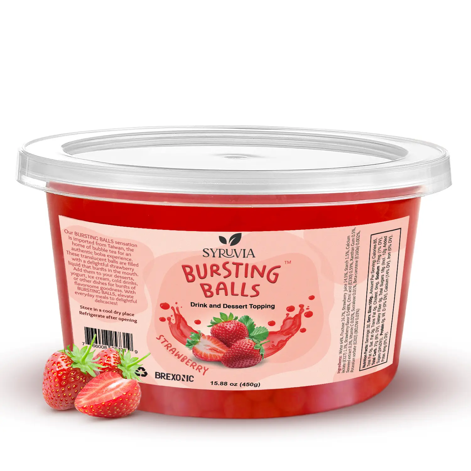 SYRUVIA Sweet Popping Boba Pearls, Strawberry, 1 LB. Bursting beverage & dessert topping for bubble tea and more. Strawberry-flavored tapioca pearls