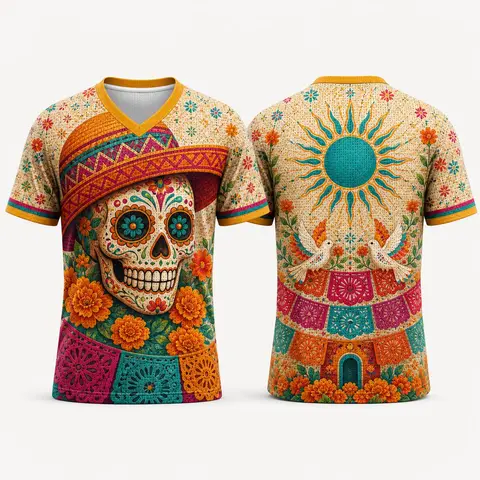 Unisex Colorful Papel Calavera Striped Mesh Fabric T-Shirt - V-Neck Cut, Short Sleeves, Breathable All-Over Print, Athletic Fit Streetwear Sporty Sports Tops for Marigold Festival, Music Events (Multi-Size)