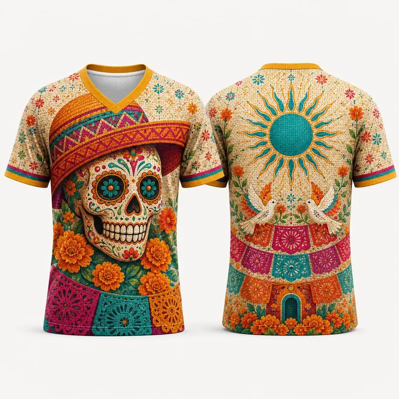 Unisex Colorful Papel Calavera Striped Mesh Fabric T-Shirt - V-Neck Cut, Short Sleeves, Breathable All-Over Print, Athletic Fit Streetwear Sporty Sports Tops for Marigold Festival, Music Events (Multi-Size)