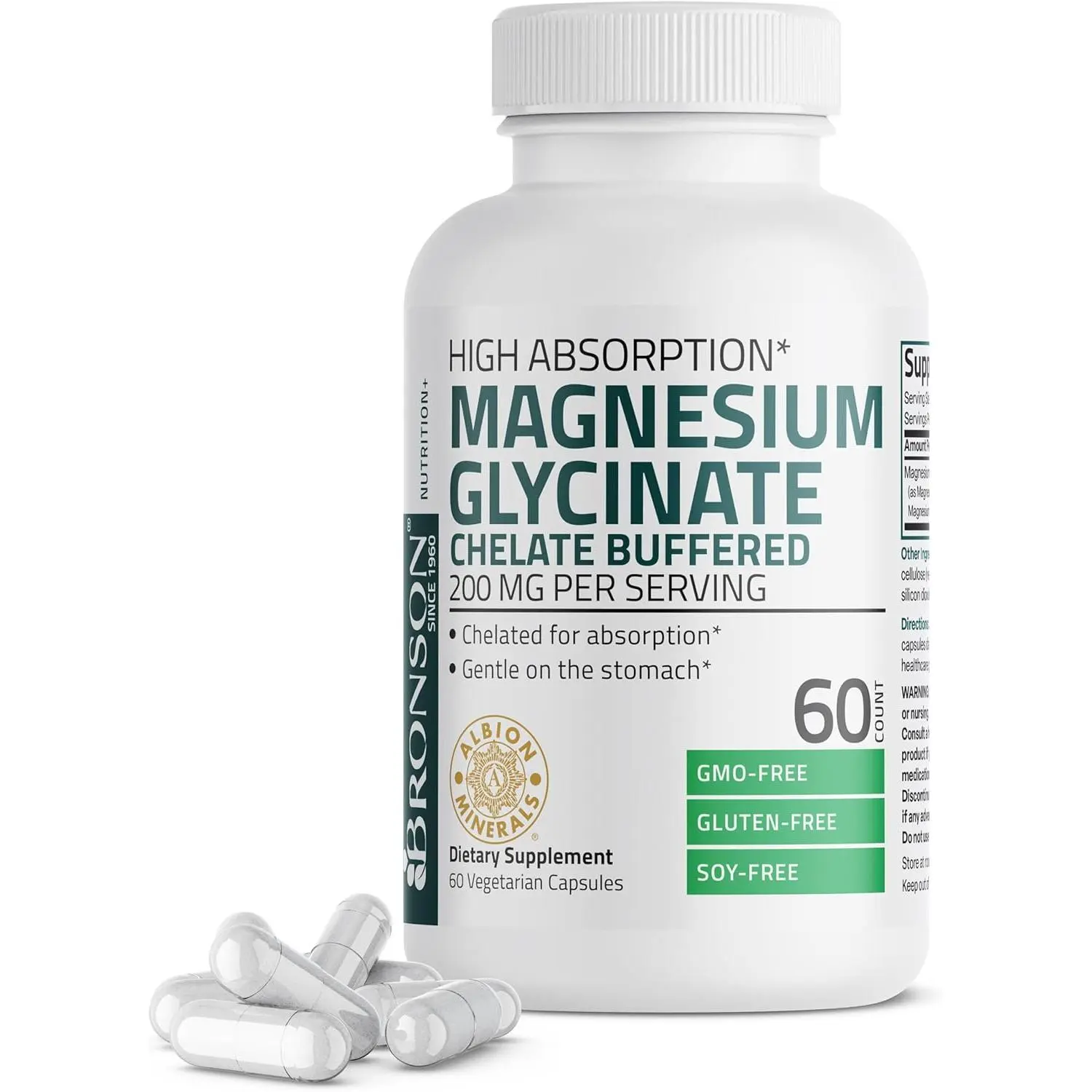 Bronson Labs Chelated Magnesium Glycinate Mineral Supplement for Adults - 200 MG per Serving, High Absorption, Non-GMO, Non-Toxic, BPA-Free, Gentle On Stomach, Unflavored, 60 Vegetarian Capsules, Body Health, Superior Replenishment