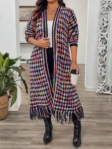 Plus Size Women's Casual Fashion Long Sweater Coat, Colorful Tie Dye Fringe Knit Wool Cardigan, Fall & Winter Loose Fit Outerwear, Knitwear, Womenswear