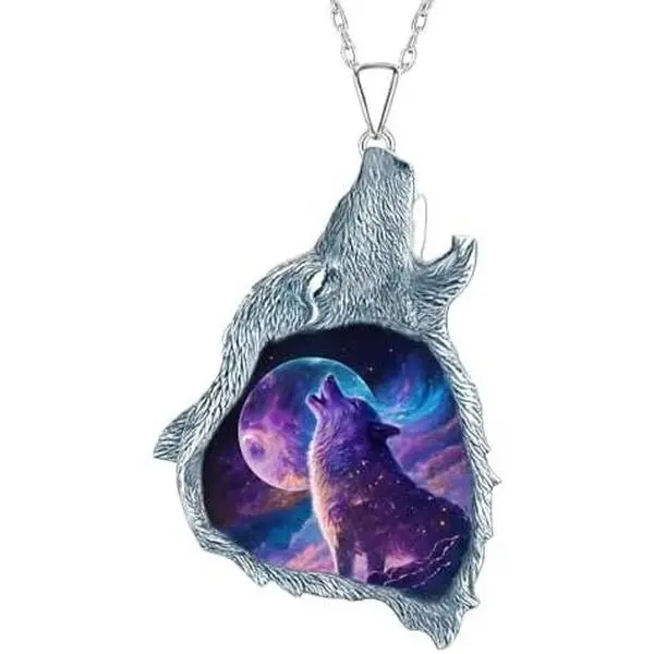 SUPAC Wolf Howling Galaxy Pendant Necklace - Stainless Steel