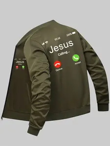 Men's Casual Zipper Jacket with Jesus Calling Print, Lightweight Polyester Blend, Stand Collar, Spring & Fall Wear, Casual Jacket Coat