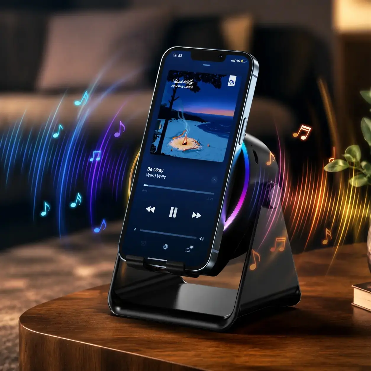 Wireless Induction Audio Speakern Stand, 5in1 Cellphone Holder, 3500mAh Rechargeable Emergency Power Bak,360° Adjustable Mobile Tablet Stand with Colorful Ambient Light. Compatible with entire iPhone lineup, Samsung&Android Gifts for Men Women SummerWins