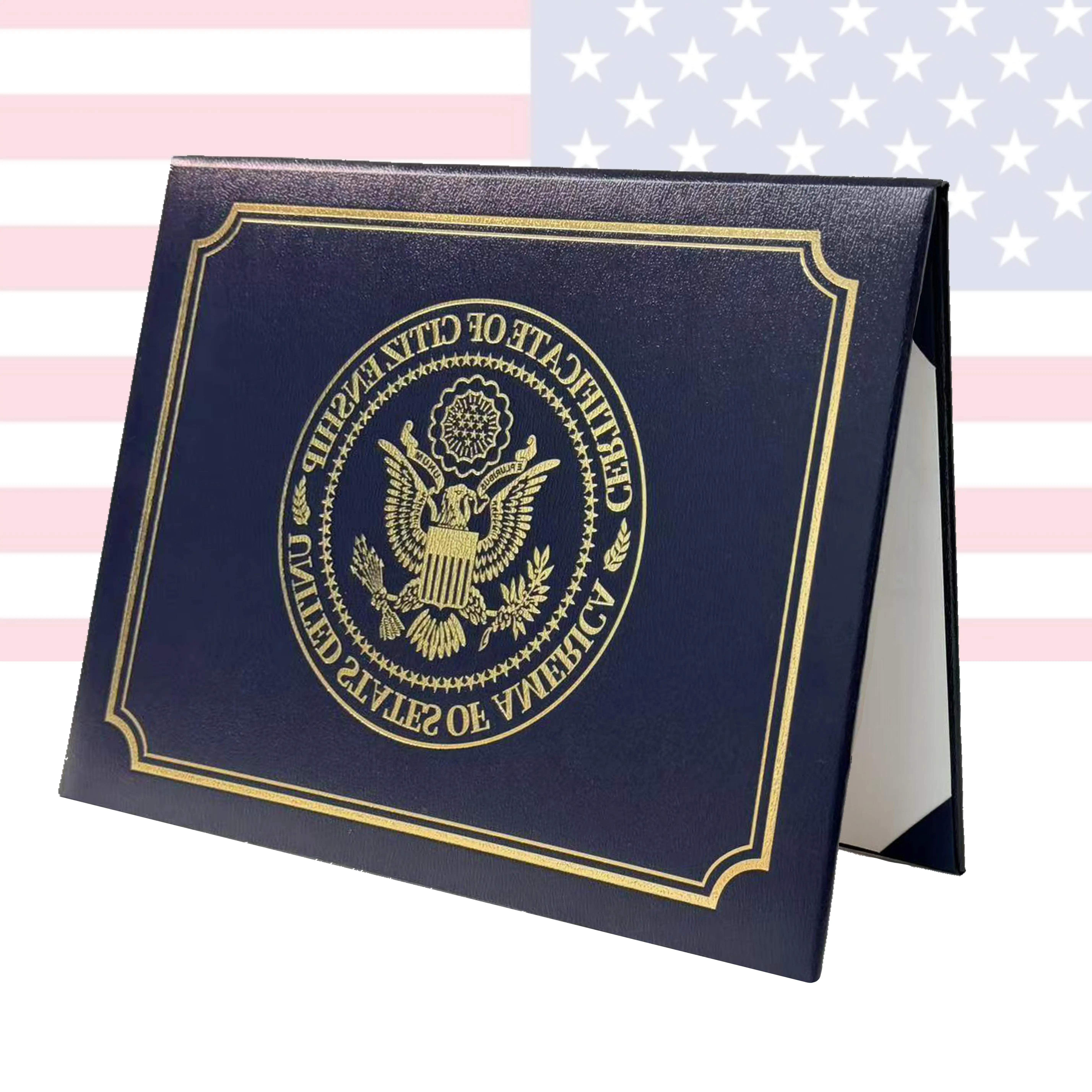 US Citizenship Certificate Protector, Navy Faux Leather Naturalization Holder with Gold Foil Embossing, Padded Cover for 2018-2026 Standard Size Certificates, Passport Cover & Travel Document Holder
