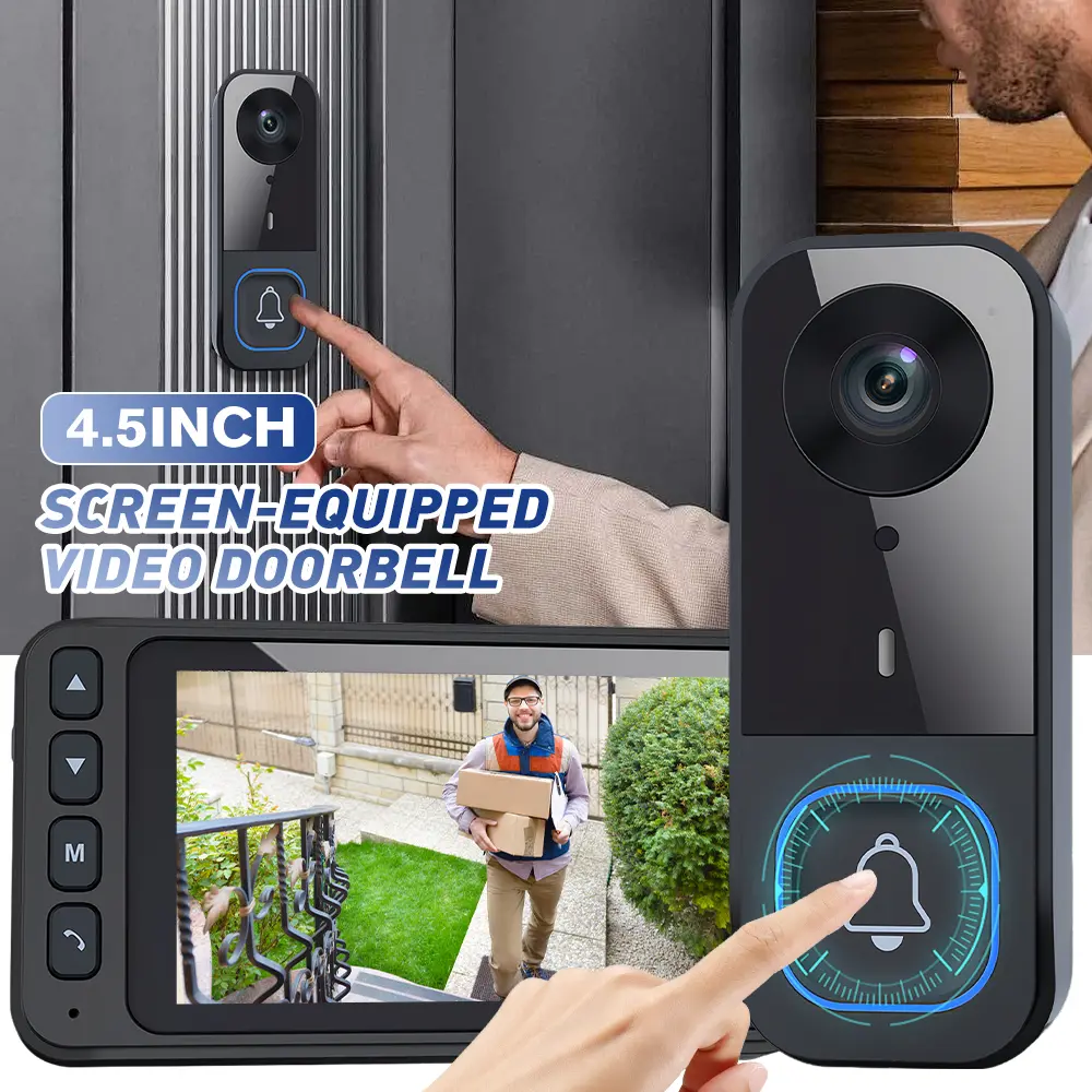 【Summerfinds】4.5-inch Video Doorbell with Screen - HJB01 Black, 2.4G Wireless Connectivity, Infrared Night Vision, Waterproof Design, Long Battery Life, Comes with Chime & Full Accessories