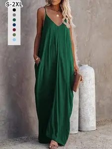 Women's Summer Casual Sleepwear Loungewear Slips Dress, Sleeveless V-Neck Long Dress with Side Pockets, Wearable Outdoors, 1 Piece Set