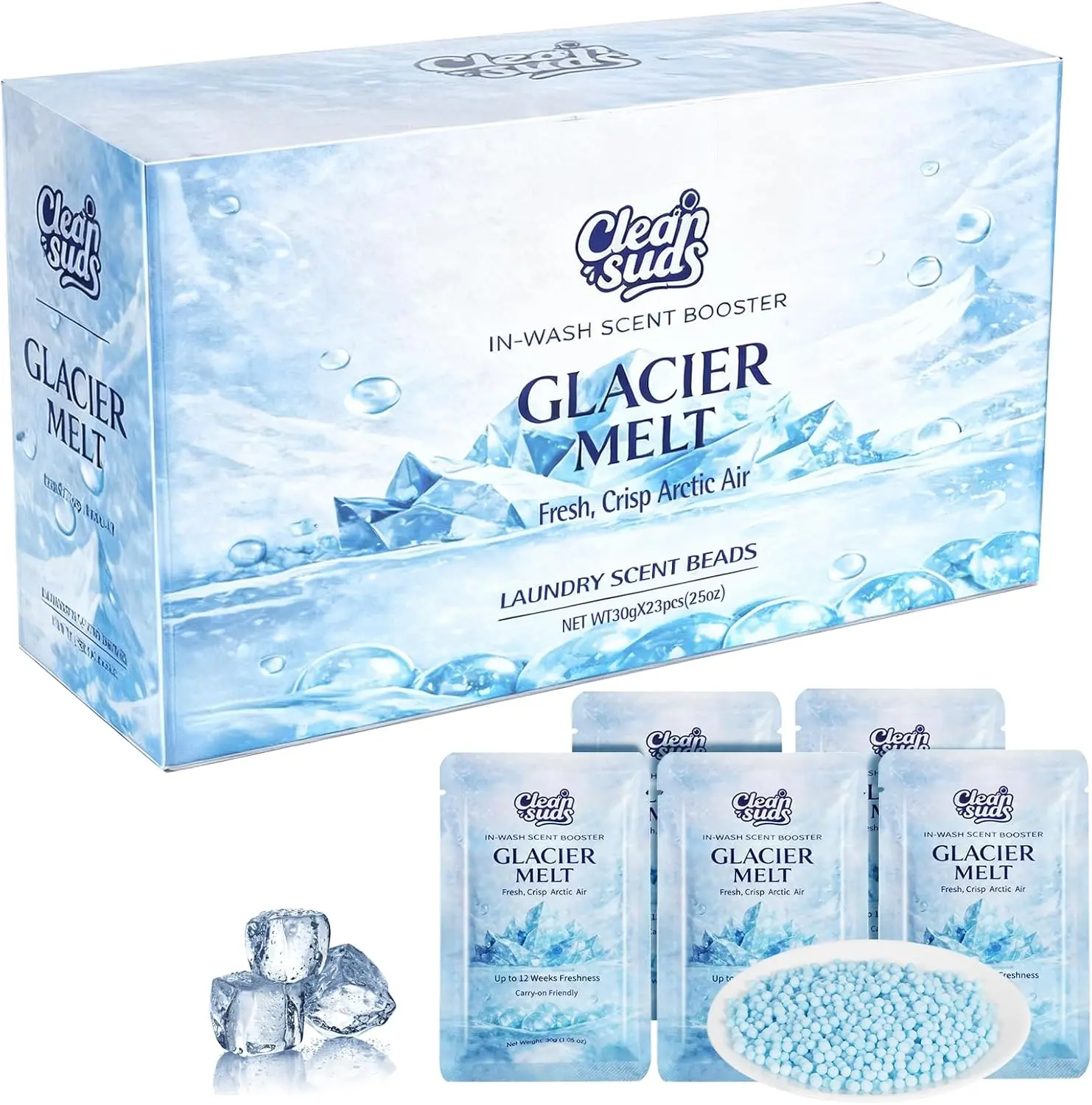 In-wash scent beads laundry, scent beads like Glacier Melt, up to 23 wash cycles, individually packaged, portable, suitable for travel