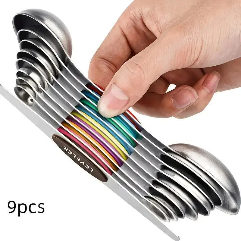 9-Piece Sturdy Metallic Stainless Steel Magnetic Food Measuring Tool Set - Double-Headed Kitchen Utensils with Level Gauge, Spice Scoop & Coffee Measure, Dishwasher Safe for Baking, Cooking, Coffee Measuring Spoon