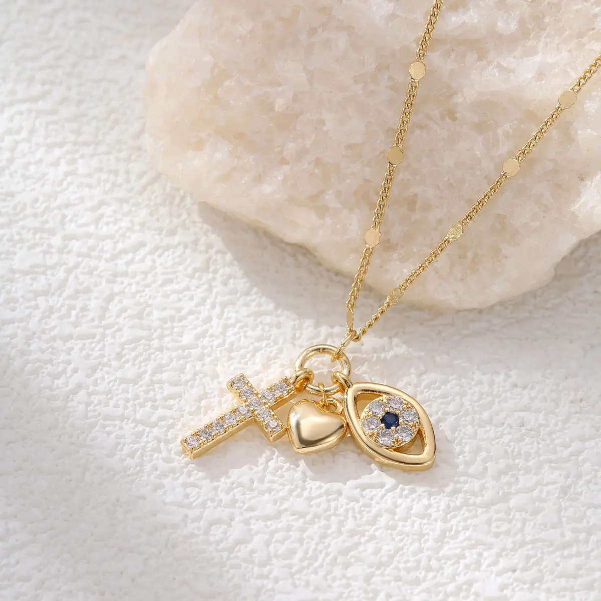 Evil Eye Necklace for Women 14K Gold Filled | protection jewelry with heart & cross pendant, cubic zirconia | hypoallergenic gift for her, birthday, date night woman dainty fashion layer, Cross Design Pendant, Heart Shaped Pendant,summervibes tiktokshopsp