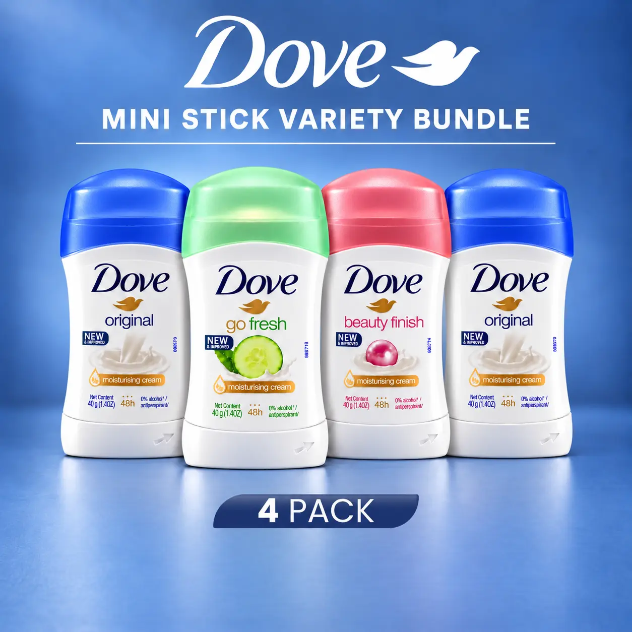 Dove Women’s Mini Antiperspirant Deodorant Stick Variety Bundle, 4-Pack (40g/1.4oz Each) - Assorted Scents, 48-Hour Protection, Moisturizing Cream Underarm Body Care, Daily Travel Essentials