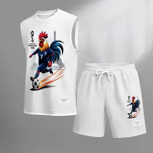Men’s Casual Summer Two-Piece Set, Sleeveless Tank & Shorts, 2026 World Cup Football Graphic with Rooster & Eiffel Tower Illustration, Sporty & Street Fashion