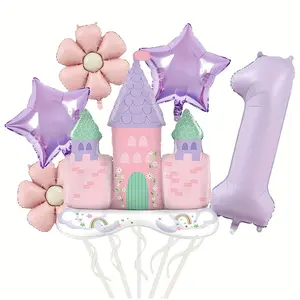 7-Piece Dream Castle Theme Number Balloons Set, 32-Inch Cream Balloon, Castle Flower Star Balloons, Party Wedding Decor