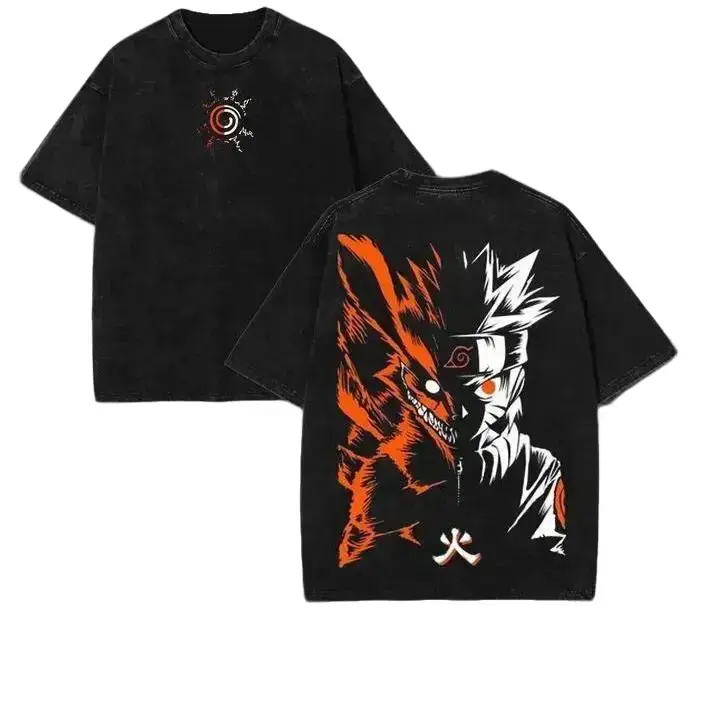 Men's Retro Heavy Cotton Naruto Kurama 9 Tails Tee - Relaxed Fit Oversized Anime Shirt with High Res Art, Hidden Leaf Symbol, Fire Kanji, All Seasons Machine Washable Unisex Y2K Vintage Streetwear Top Gift