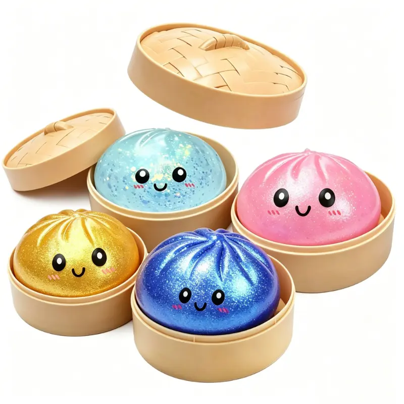 Glitter Bao Mochi Squishy with Plastic Steamer Box - Sparkly Dumpling Squishies, Soft Sensory Squeeze Toy, Non-Blind Box Stress Relief Fidget Toy for Kids, Color-Selectable Home/Party Bag Gift