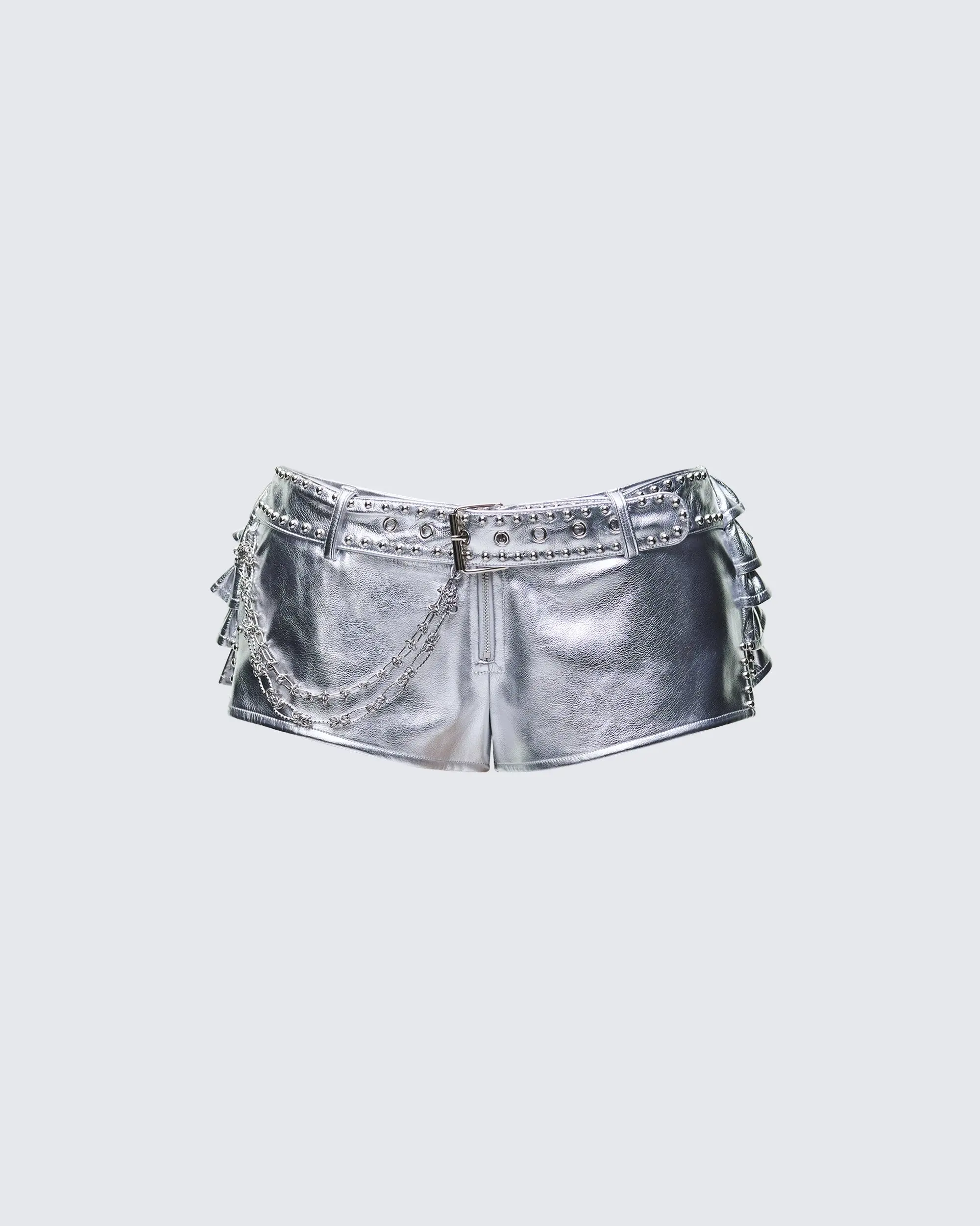 Women's Metallic Silver Vegan Leather Cheeky Shorts - Low Rise Festival Style, Built-in Chain Belt, Zipper Closure, Side Detail