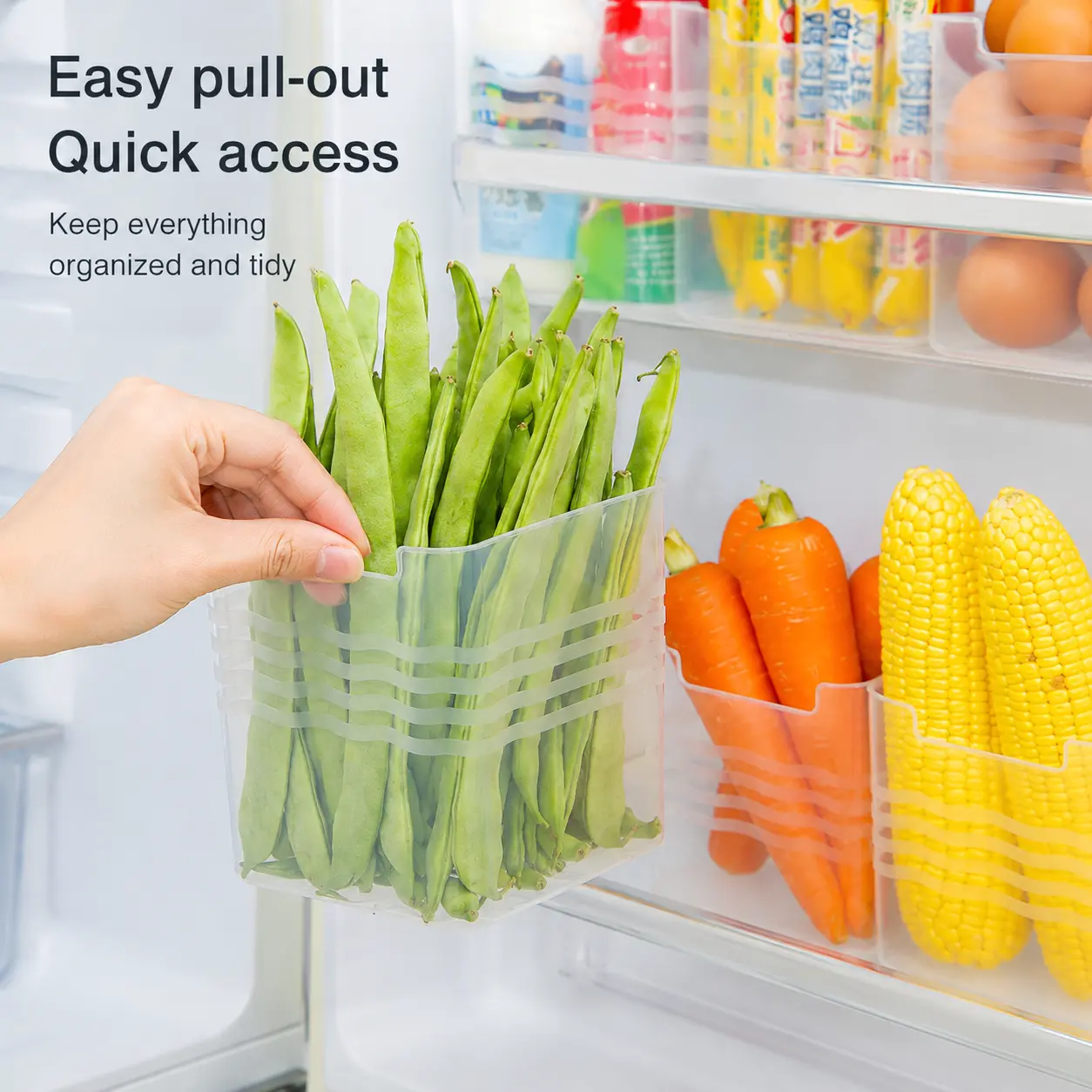 2-Count Transparent PP Plastic Fridge Side Door Storage Organizer Bins, U-Shape Opening, Fits Standard Fridges for Sorting Fruits, Vegetables and Small Kitchen Condiments