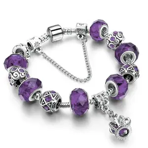 2026 Valentine's Day Gif Crystal Crown Charm Bracelets Fit DIY Silver Color Snake Chain Brand Bracelets for Women Wife Jewelry