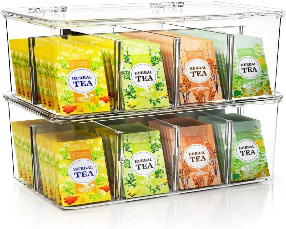 Kichly 2-Pack Clear Lidded Tea Bag Organizer - Stackable Partitioned Storage Box for Kitchen Pantry, Drawers, Countertops - Home Organization Solution for Snacks, Spices