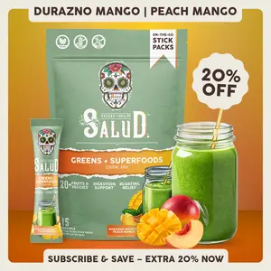 Salud 2-in-1 [Greens + Superfoods – Peach Mango] Daily Greens Drink Mix, Agua Fresca, Gut Health & Bloating Support, Probiotics & Prebiotics, Vegan, Non-GMO, Easy-to-Drink Greens Powder (15 Servings)