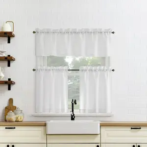 Mainstays Solid Pattern Semi-Sheer Curtain Tier Pair and Valance Set, 3-Piece, White, 56" W x 36" L