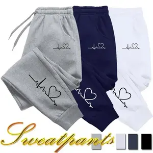 Sales Womens Sweatpants Daily Casual Pants High Quality Fitness Tracksuit Trousers Heart Print Street Sport Jogging Pants Grey Bottom