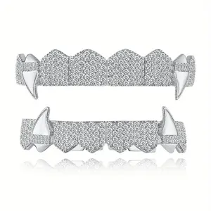 2pcs set Cubic Zirconia Hip Hop Bling Iced Out Halloween Vampire Teeth Grills - Golden Silvery Color Plated Oral Grills for Men & Women