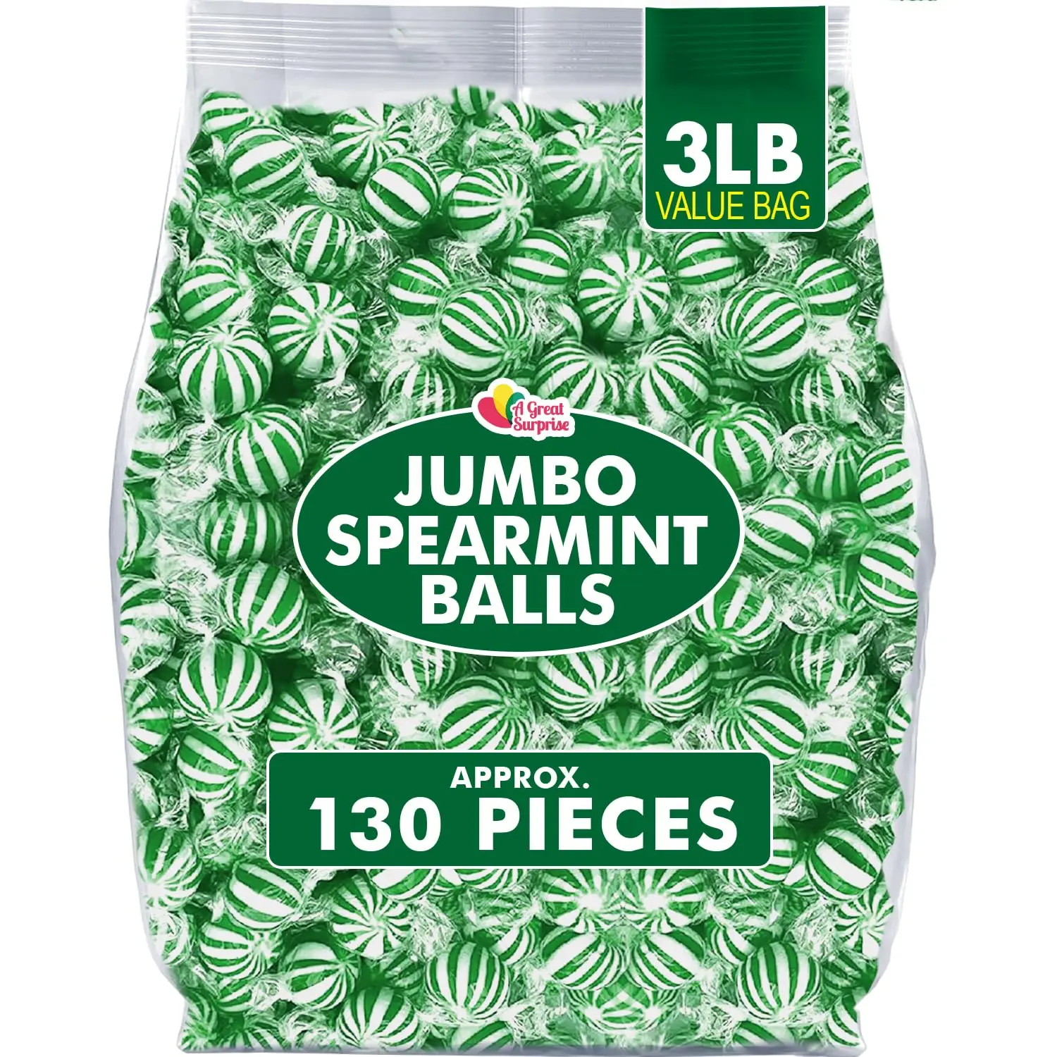 Jumbo Spearmint Mint Balls  3 lb Bulk  Green Starlight Mints  Individually Wrapped Hard Spearmint Candy for Candy Buffets & Events