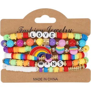 6 count Rainbow Clay Heishi Beads Bracelet Set for Women Men, Boho Stackable Elastic Beaded  with Pride/Wins/Love Charms, Colorful LGBTQ+ Support Accessories, Summer Beach Friendship Gifts