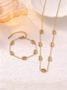 Stainless Steel Cowrie Shell Jewelry Set, Gold Tone, Station Chain Necklace and Adjustable Bracelet with Cowrie Shell Charms, Beach Inspired Statement Jewelry Set for Women