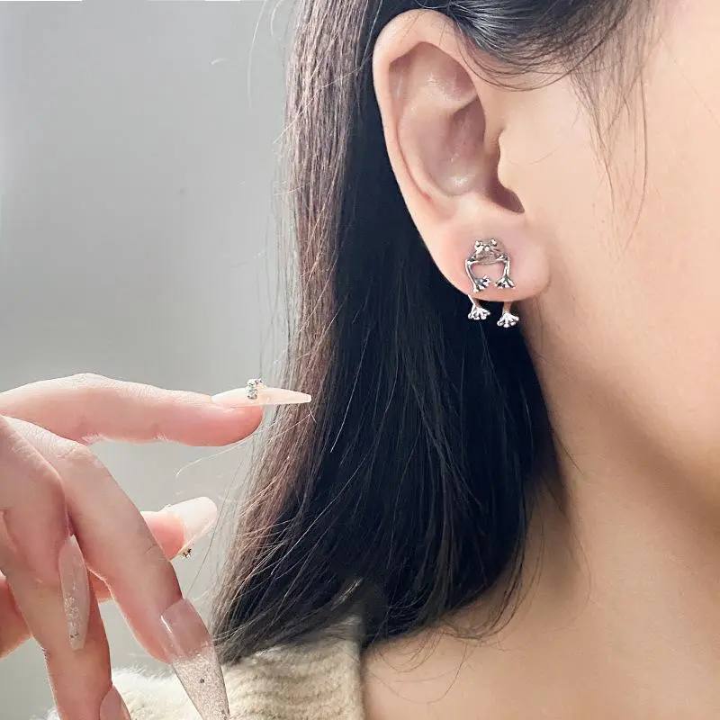 3D Frog Stud Earrings, Vintage Punk Silver Alloy Animal Front-Back Jewelry, Unique Unisex Fashion Gift, 2-Piece Set, Baroque, Daily, Amphibians