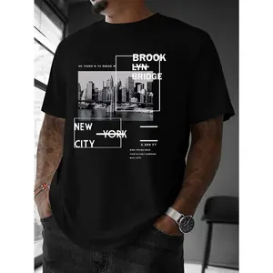 Menswear Short-Sleeve Cotton T-Shirt - Men's New York Skyline Geometric Design with Brooklyn Bridge & Central Park, Lightweight Multi-Function Summer Casual Round Neck Essential for Casual Outings