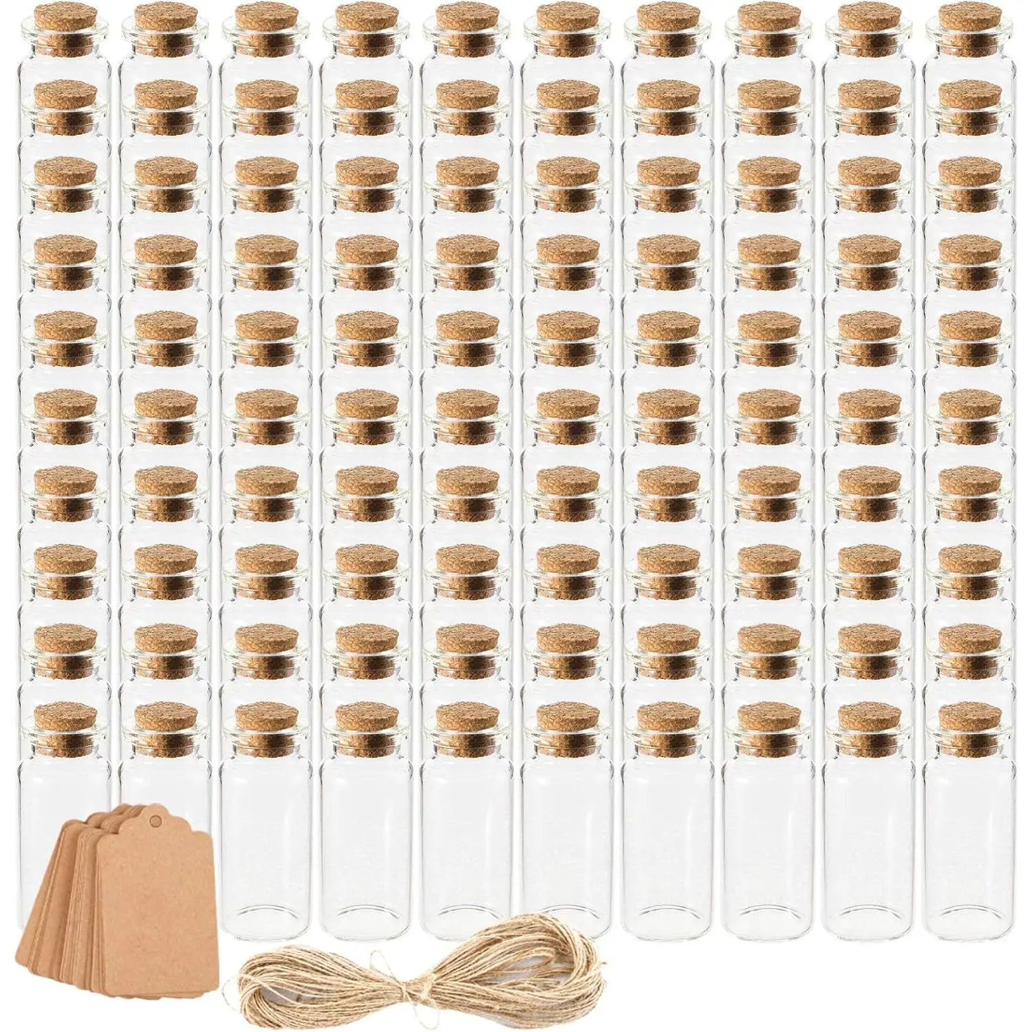 100 Pack 10ml Glass Bottles with Cork Stoppers, Mini Bottle with Personalized Label Tags and String for Arts Crafts Projects, Decoration, Favors
