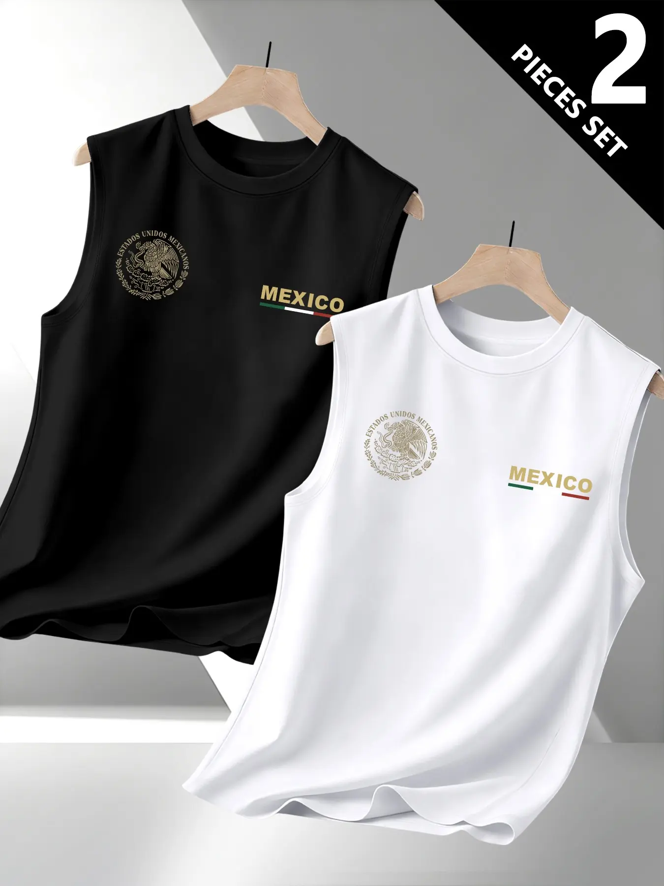 Men's Knit Sportswear 2-Piece Set, Sleeveless Mexican Emblem Vintage Print, Summer Activewear, Outdoor Activities, Durable and Comfortable Fit