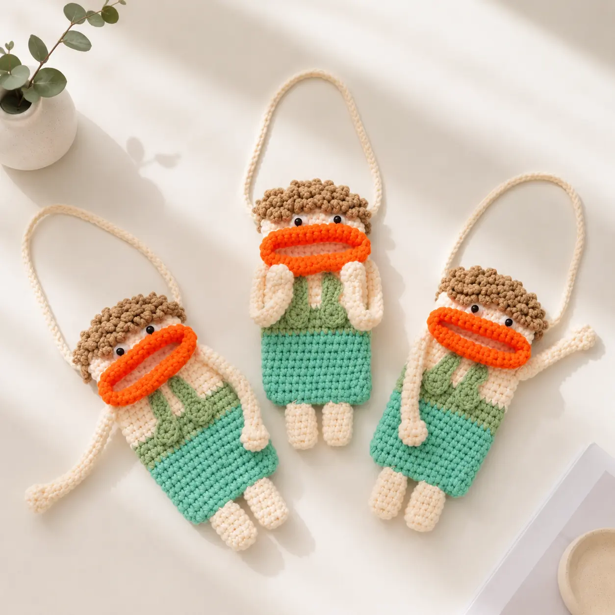 Funny Crochet Crossbody Bag in a Cute Character Shape, Handmade Phone Pouch with Button Eyes for Women's Daily Outings, Funny Bag