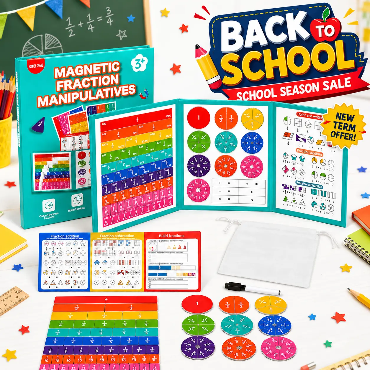 Magnetic Fraction Tri-Fold Board Book (Deluxe Set) | Hands-On Visual Math Puzzle with Dry-Erase Cards | Teacher-Approved, Portable Manipulative for Stress-Free Fraction Learning | Ages 3+,back to school