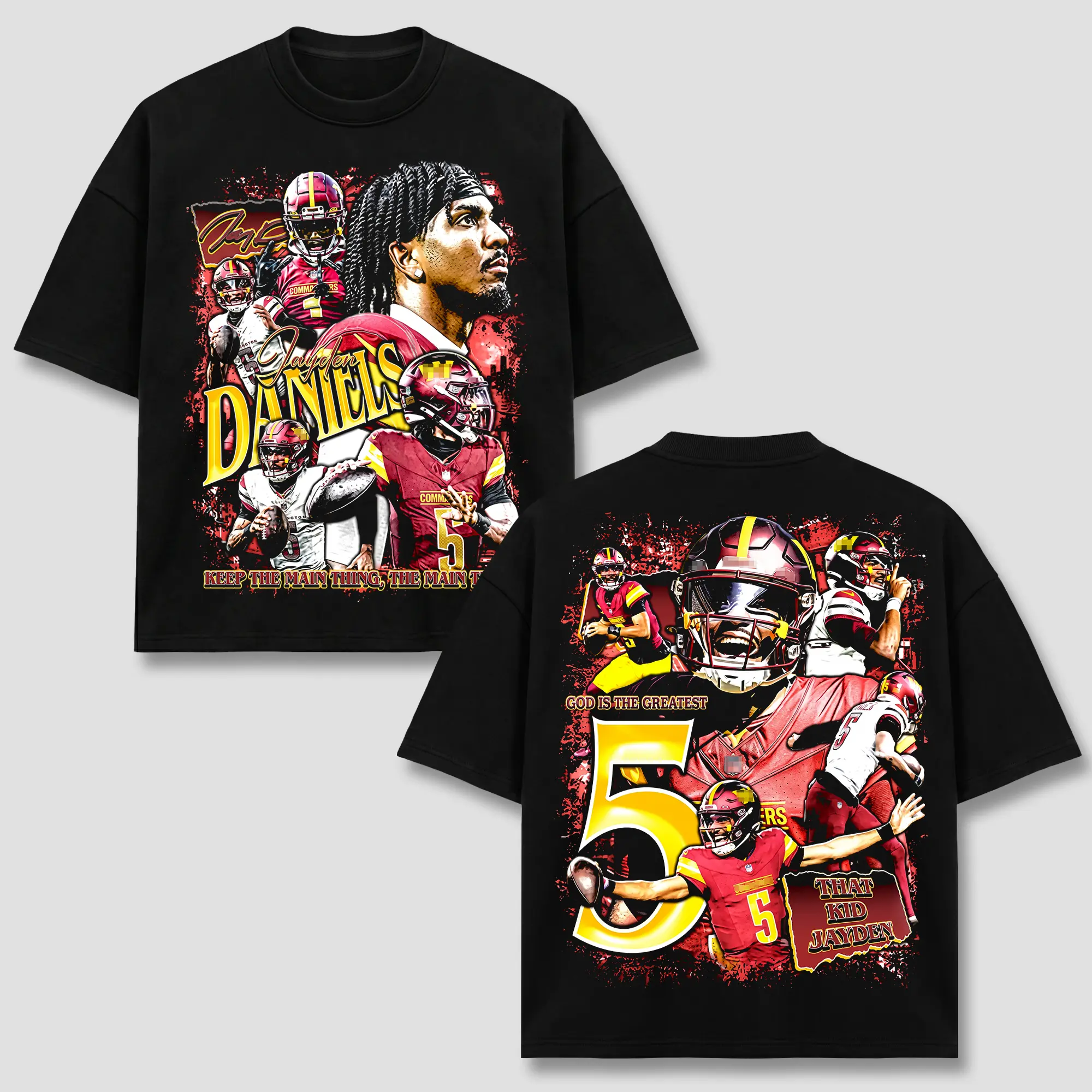 Jayden Daniels #5 T-Shirt, WAS Cmdrs QB Football Player Merch, That Kid Jayden God Is The Greatest Burgundy Gold Vintage Graphic Apparel, Retro 90s Bootleg Sports Wear, Footbal Fan Gift, Men Women Heavyweight Oversized Black Acid Wash Top